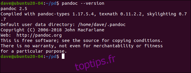 pandoc --version dans une fenêtre de terminal.