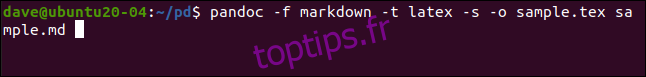 pandoc -f markdown -t latex -s -o sample.tex sample.md dans une fenêtre de terminal.