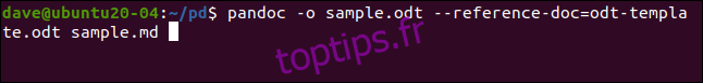 pandoc -o sample.odt --reference-doc = odt-template.odt sample.md dans une fenêtre de terminal.
