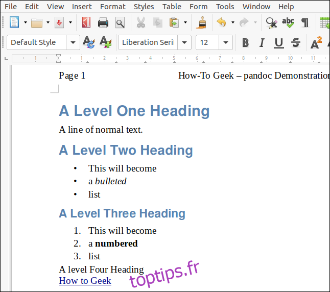 Un fichier ODT rendu à partir du markdown avec un document LibreOffice faisant office de feuille de style, dans une fenêtre LibreOffice Writer.