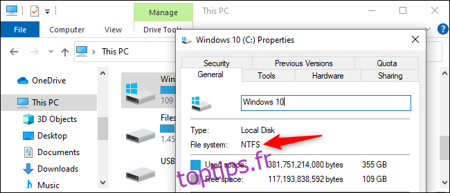 Vérification du système de fichiers d'un lecteur sous Windows 10.