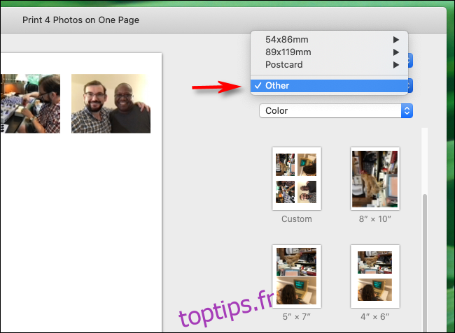 Sélectionnez Autre dans les formats de papier dans l'application Photos sur Mac