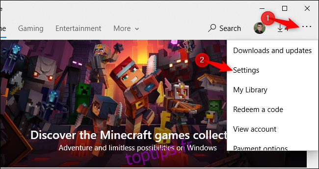 Ouverture de l'écran des paramètres du Microsoft Store sous Windows 10.