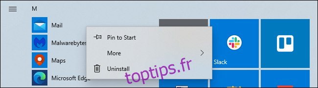 Désinstallation de l'application Mail de Windows 10 à partir du menu Démarrer.