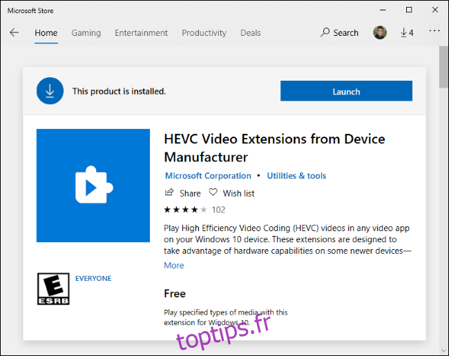 Extensions vidéo HEVC gratuites sur le Microsoft Store.