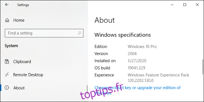 Écran Paramètres> Système> À propos de Windows 10. » width = ”650 ″ height =” 325 ″ onload = ”pagespeed.lazyLoadImages.loadIfVisibleAndMaybeBeacon (this);” onerror = ”this.onerror = null; pagespeed.lazyLoadImages.loadIfVisibleAndMaybeBeacon (this);”> </p><h2 role =