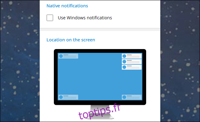 Télégramme pour les options de notification Windows.
