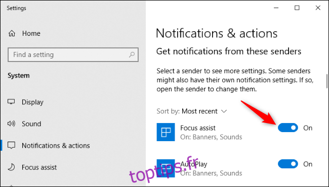 Désactivation des notifications pour une application dans les paramètres de Windows 10.