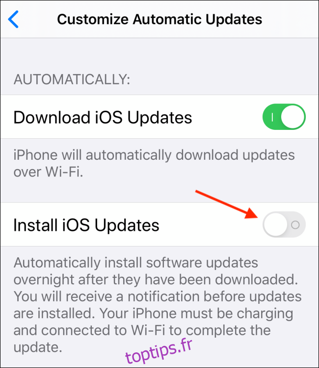 Appuyez sur pour basculer à côté de Installer les mises à jour iOS