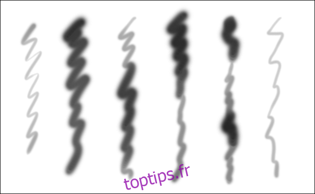 Six lignes ondulées créées avec le même pinceau dans Photoshop en utilisant une pression différente. 