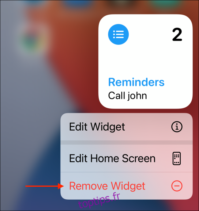 Appuyez sur Supprimer le widget dans les options du widget