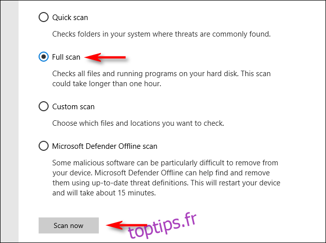 Cliquez sur Analyse complète dans Microsoft Defender sous Windows 10