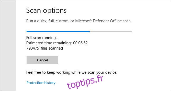 Analyse complète de Microsoft Defender en cours sur Windows 10
