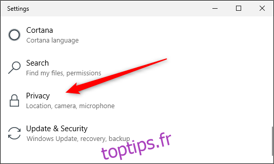 Option de confidentialité dans les paramètres Windows