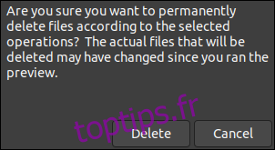 La boîte de dialogue de confirmation de suppression de fichier dans BleachBit.