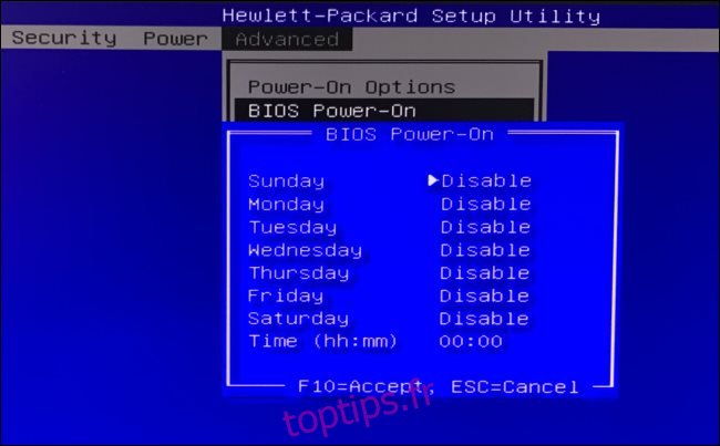 Options de mise sous tension du BIOS sur un ordinateur HP.