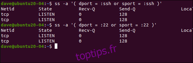 ss -a '(dport =: ssh ou sport =: ssh)' dans une fenêtre de terminal.
