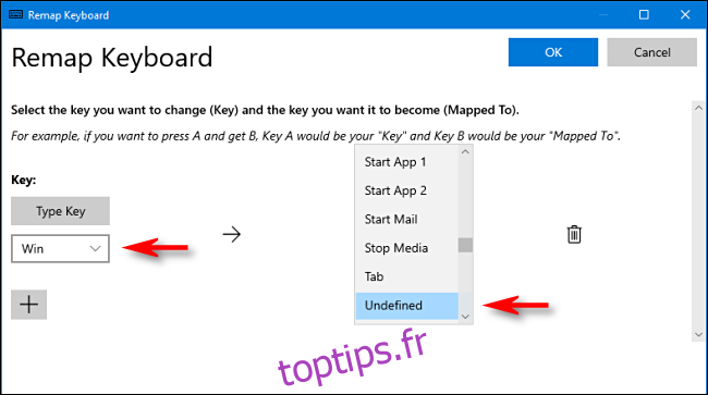 Dans PowerToys, sélectionnez Win key et Unassigned dans Keyboard Manager sous Windows 10