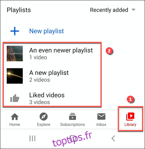 Appuyez sur Bibliothèque, puis sur le nom d'une playlist pour accéder à ses options dans l'application YouTube