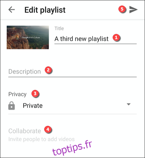 Les options de modification d'une playlist dans l'application YouTube