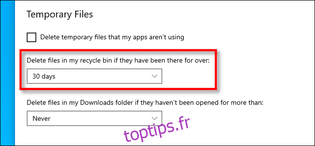 Définir l'intervalle de suppression du fichier de la corbeille dans les paramètres de Windows 10