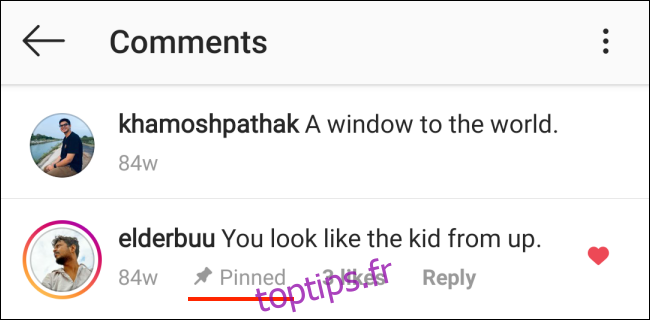 Commentaire épinglé sur Instagram pour Android