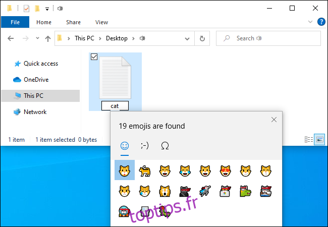 Recherche d'emoji de chat sur Windows 10.
