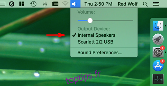 Sélection d'un périphérique de sortie audio à partir de l'icône du haut-parleur dans la barre de menus sur Mac