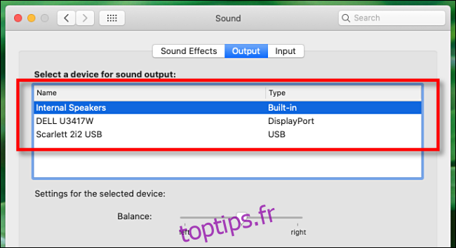 Sélectionnez un périphérique de sortie audio dans les préférences audio sur Mac