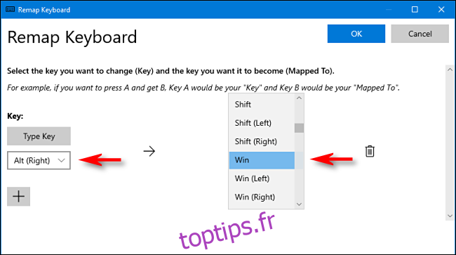 Dans PowerToys, sélectionnez une touche et attribuez-la à la touche Windows dans le Gestionnaire de clavier sous Windows 10