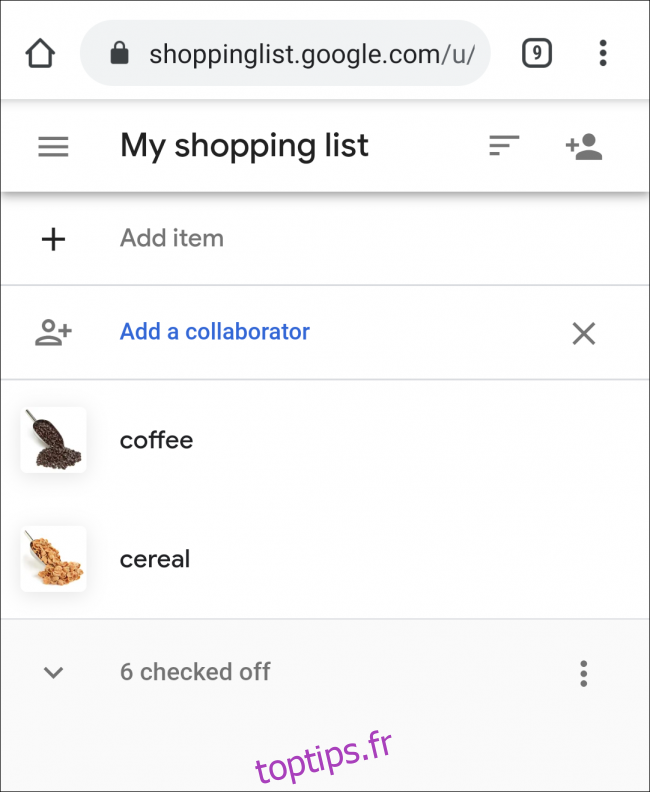 Liste de courses de l'Assistant Google