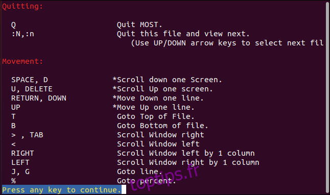 L'écran d'aide le plus pager dans une fenêtre de terminal.