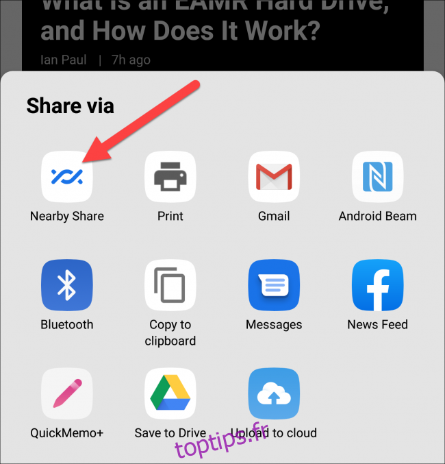 icône de partage à proximité dans la feuille de partage