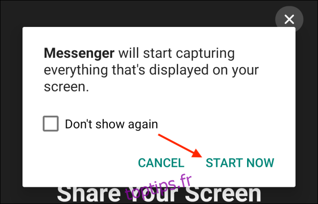 Appuyez sur Démarrer maintenant sur Messenger pour Android