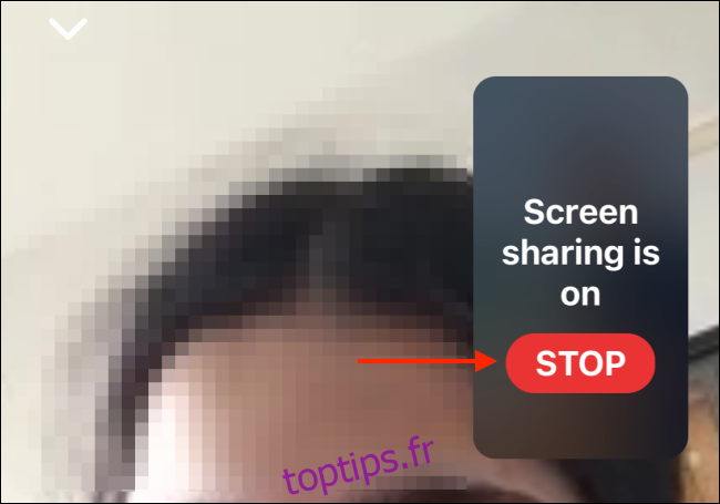 Appuyez sur Arrêter pour arrêter le partage de l'écran sur l'iPhone