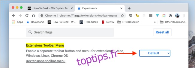 Cliquez sur le menu déroulant à côté du menu Extensions dans Chrome Flags