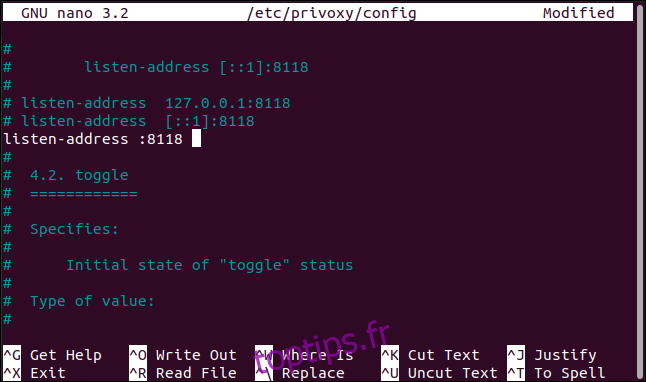 Le nouveau paramètre d'adresse d'écoute dans le fichier de configuration privoxy dans nano, dans une fenêtre de terminal.