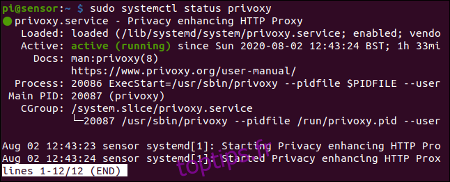 sudo systemctl status privoxy dans une fenêtre de terminal.