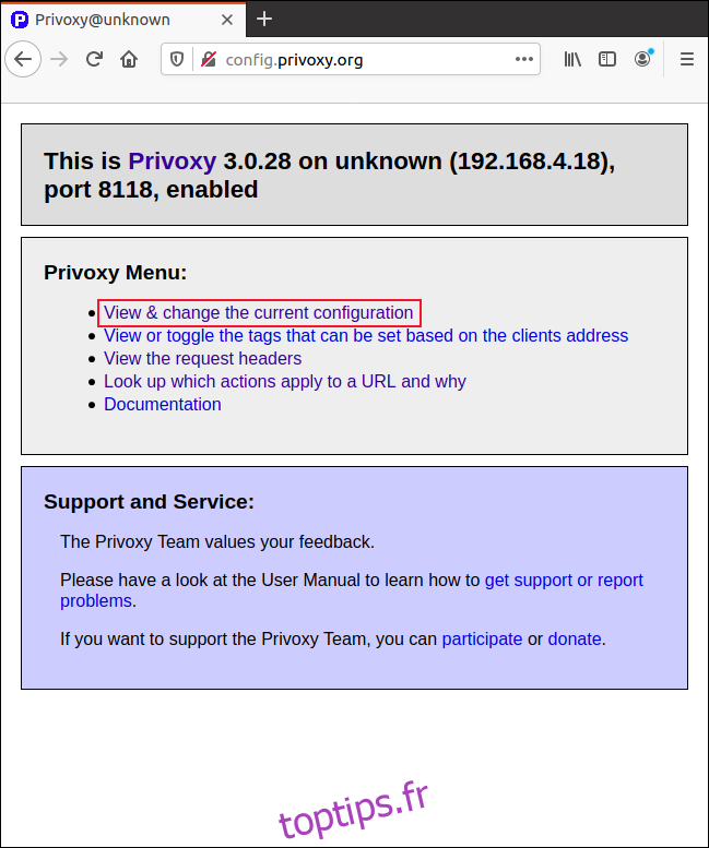 La page d'accueil de Privoxy dans une fenêtre de navigateur.