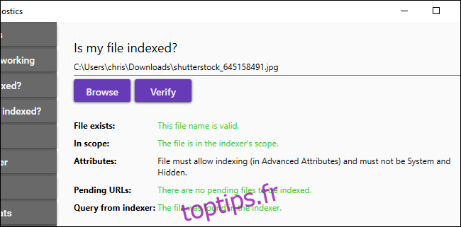 Tester si un fichier est indexé et pourquoi dans Indexer Diagnostics de Microsoft.