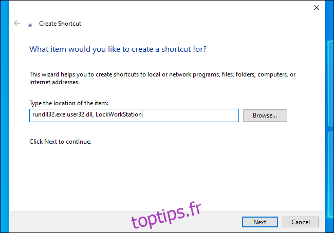 Création d'un raccourci qui verrouille l'ordinateur sous Windows 10.