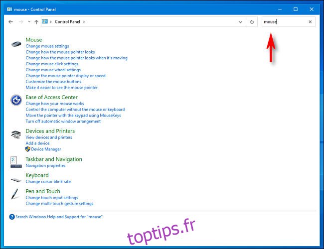 Cliquez sur la barre de recherche du Panneau de configuration et tapez votre recherche dans Windows 10.