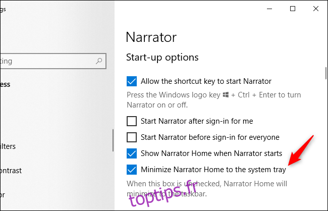 Options du Narrateur de Windows 10 faisant référence à un 