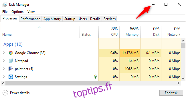 Réduire le gestionnaire de tâches et le masquer de la barre des tâches de Windows 10.
