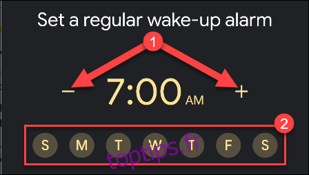 Appuyez sur les signes moins et plus pour définir une heure d'alarme, puis appuyez sur les jours de la semaine où vous souhaitez l'utiliser.
