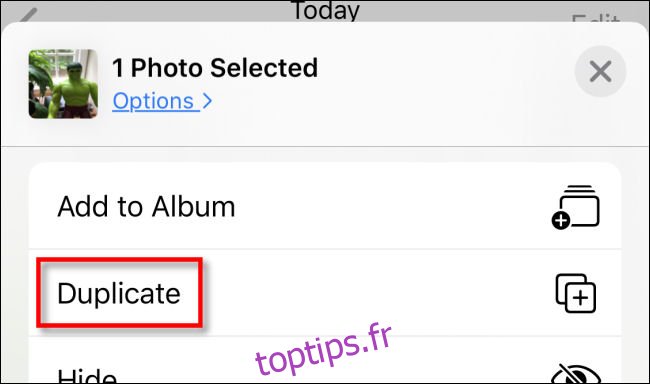 Appuyez sur Dupliquer dans le menu Partager dans Photos sur iPhone.