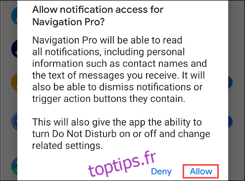 accès aux notifications de navigation pro autoriser