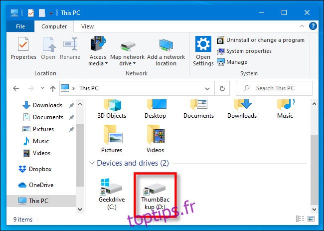 Dans ce PC, localisez votre clé USB dans l'Explorateur de fichiers Windows 10.