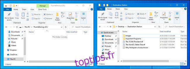 Deux fenêtres de l'Explorateur de fichiers s'ouvrent côte à côte dans Windows 10.