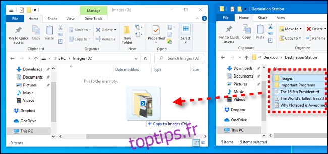 Cliquez et faites glisser les fichiers d'une fenêtre dans la fenêtre du lecteur flash USB dans l'Explorateur de fichiers Windows 10.